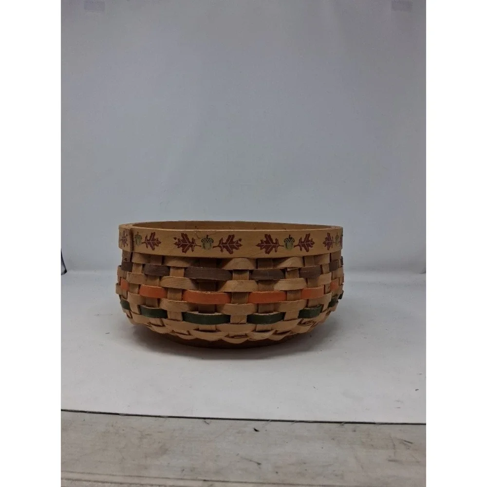 Longaberger Style Woven Wood Basket Round Autumn Leaf Acorn Harvest Decor. S